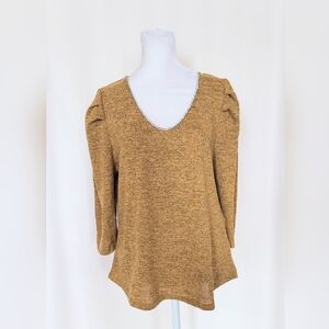 Louis Paris Rhinestone Trim Puff Sleeve Knit Sweater Yellow Size PL Petite Large